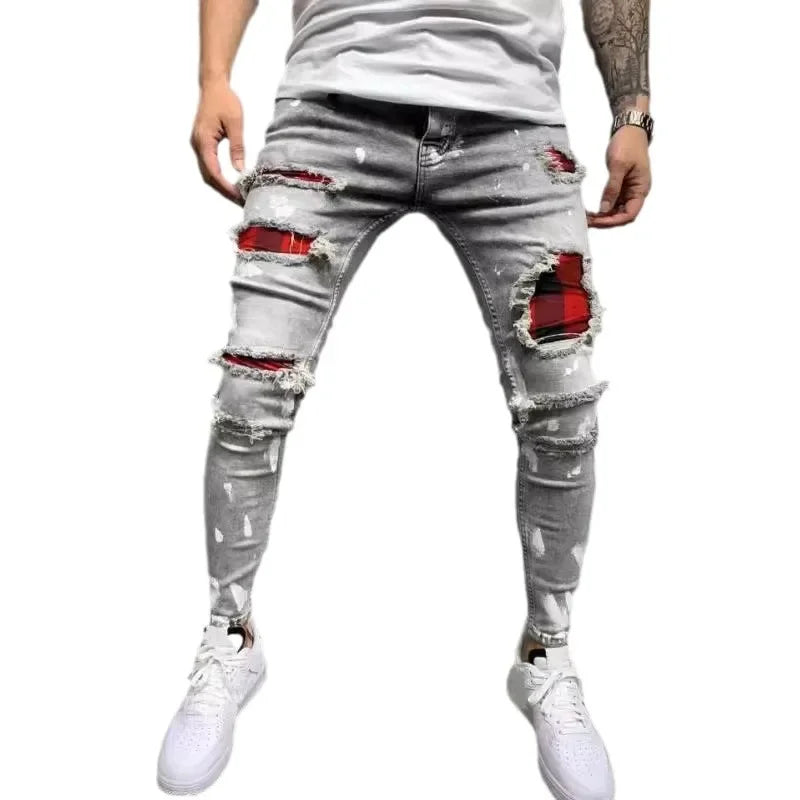 Pantalones vaqueros ajustados de cintura media con agujeros desgastados para hombre, estilo urbano, hasta el tobillo, lavados, 2025