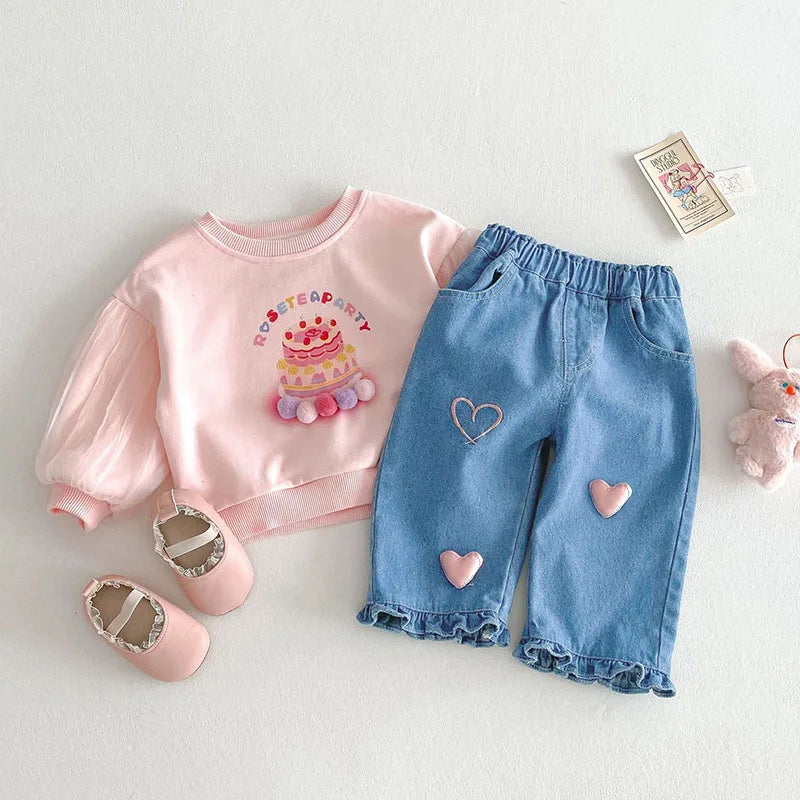 Pantalones vaqueros de estilo coreano para niñas de 0 a 5 años, con dobladillo con volantes y cintura elástica, primavera 2025
