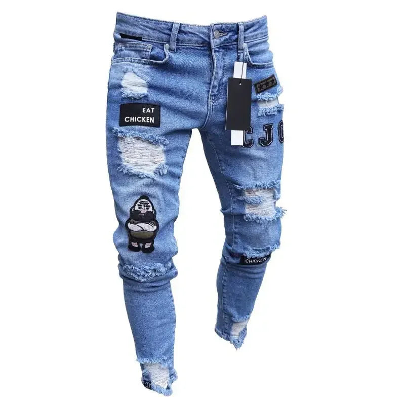 Punk Denim Pants Men Jeans Skinny Ripped Hole Patchwork Slim Pencil Denim Hip Pop Trousers Autumn Plus Size Streetwear Men's