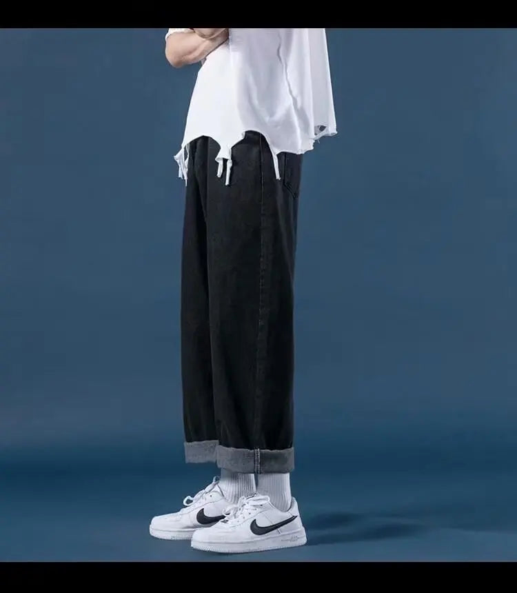 Pantalones vaqueros de mezclilla para hombre, de pierna ancha, largos hasta el suelo, holgados, informales, de cintura alta, lisos, sencillos y rectos, otoño 2024