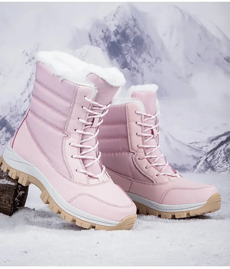 Winter Women's Waterproof High Heel Boots Strap Up Flat Heel Boots Warm Snow Shoes, Plush Outdoor Fashion Casual Boots