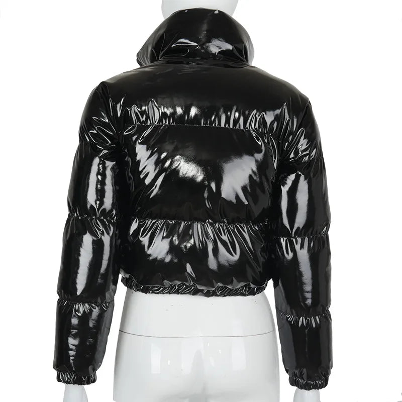 European and American Solid Color Mirror Pu Leather Down Jacket, Womens' Winter New Short Zippered Stand-up Collar Padded Jacket