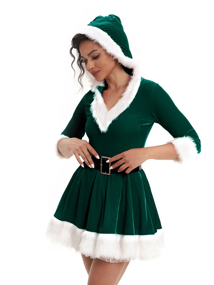 Nouvelle tenue tendance pour femme, manches courtes, unie, déguisement de Père Noël, thème Noël, avec ceinture et robe fantaisie.