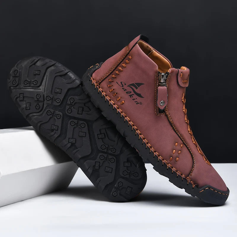 Nuevas botas de invierno hechas a mano en piel para hombre, con diseño de cremallera, transpirables, informales, de piel, botines para hombre, para exteriores