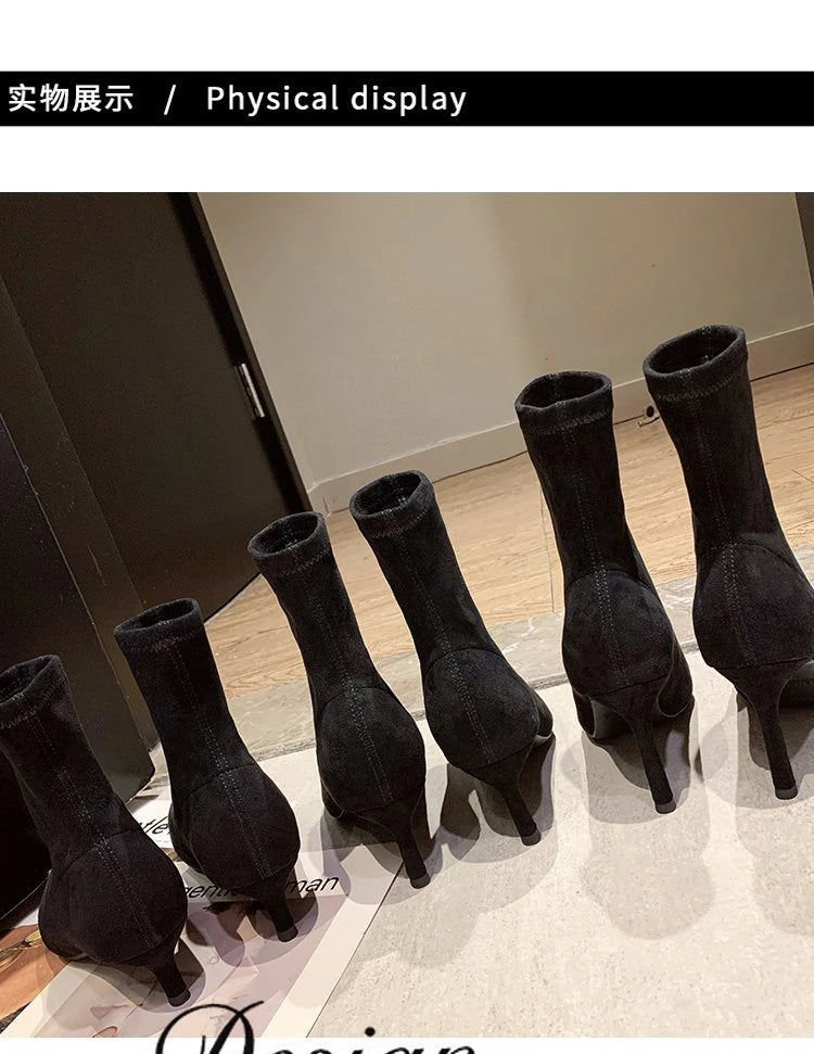 5/7/9CM Luxury Women Black Flock Sock Boots Stiletto Thin High Heels Elastic Knitting Boots Winter Stretch Fabric Ankle Boots