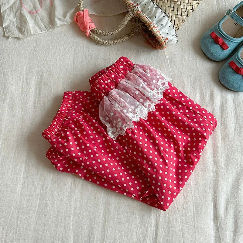 Pantalones de encaje para niñas pequeñas, novedad de 2025, pantalones de malla con costuras para niños, pantalones casuales de princesa con estampado de verano, ropa de moda para niños de 2 a 10 años