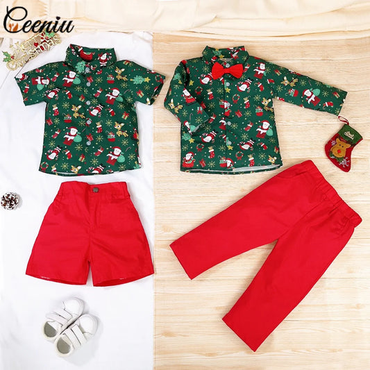 Ceeniu 1-5Y New Year Costume For Boy Christmas Outfit Santa Deer Printed Necktie Shirts and Red Pants Children Christmas Clothes