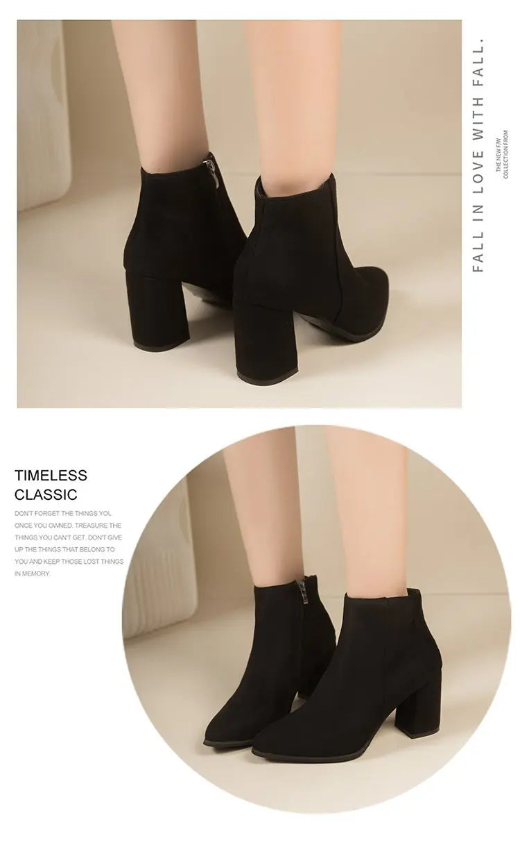 Nuevas botas sencillas de tacón cuadrado con cremallera lateral y tacón alto de ante puntiagudo para mujer.