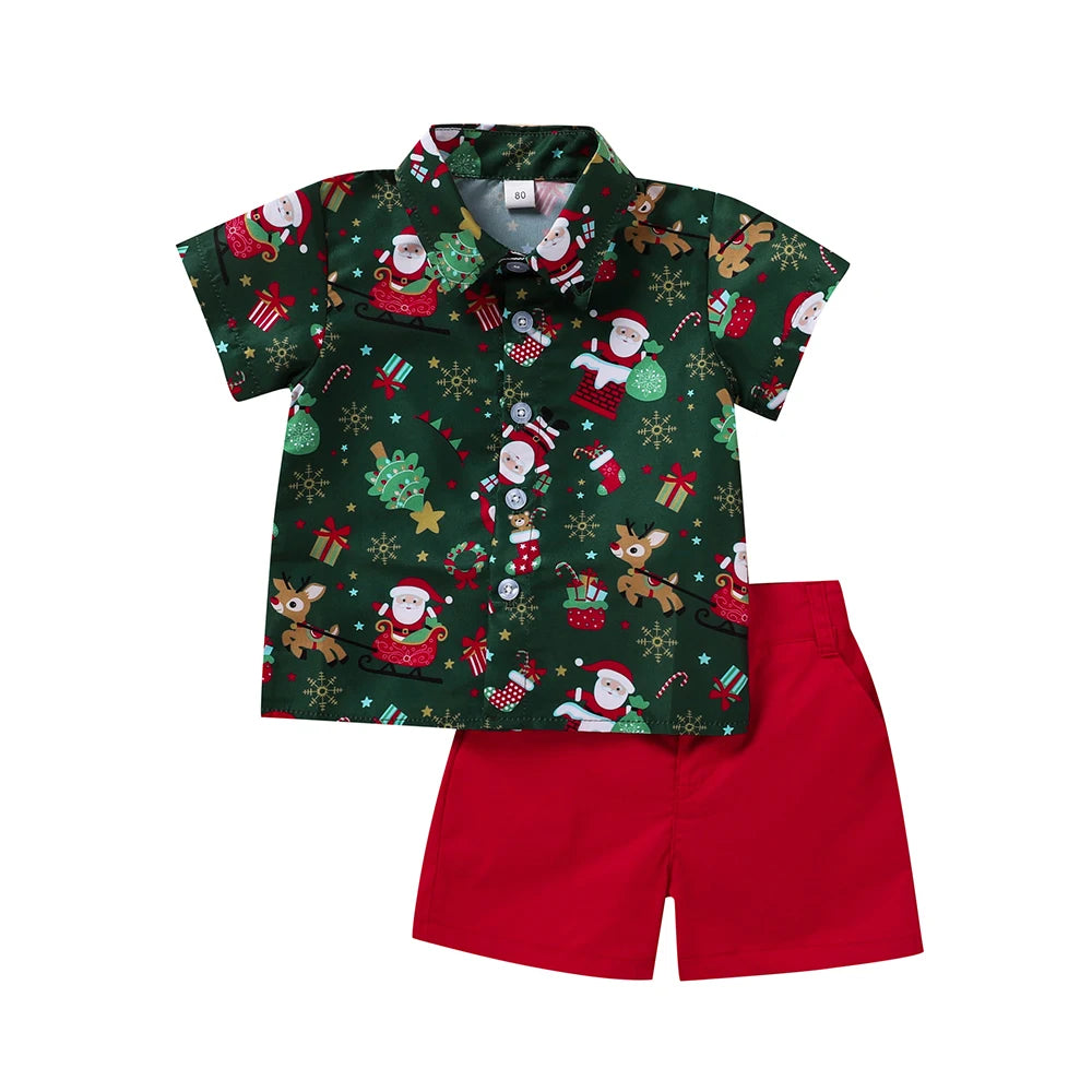 Ceeniu 1-5Y New Year Costume For Boy Christmas Outfit Santa Deer Printed Necktie Shirts and Red Pants Children Christmas Clothes