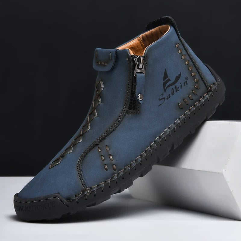 Nuevas botas de invierno hechas a mano en piel para hombre, con diseño de cremallera, transpirables, informales, de piel, botines para hombre, para exteriores