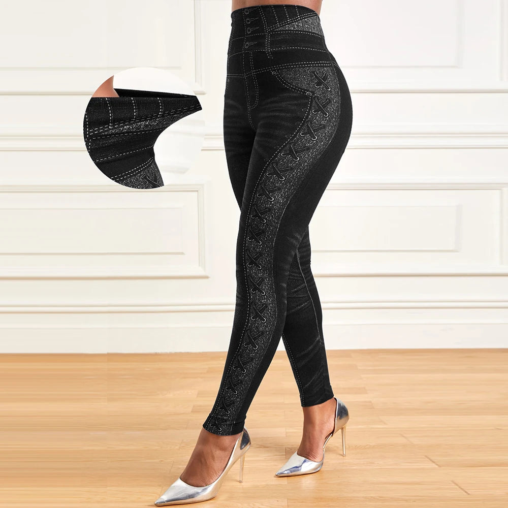 M XXL Faux Denim Leggings Women Clothing Summer High Waist Jeans Oversized Basics Pants Female Casual Slim Trousers