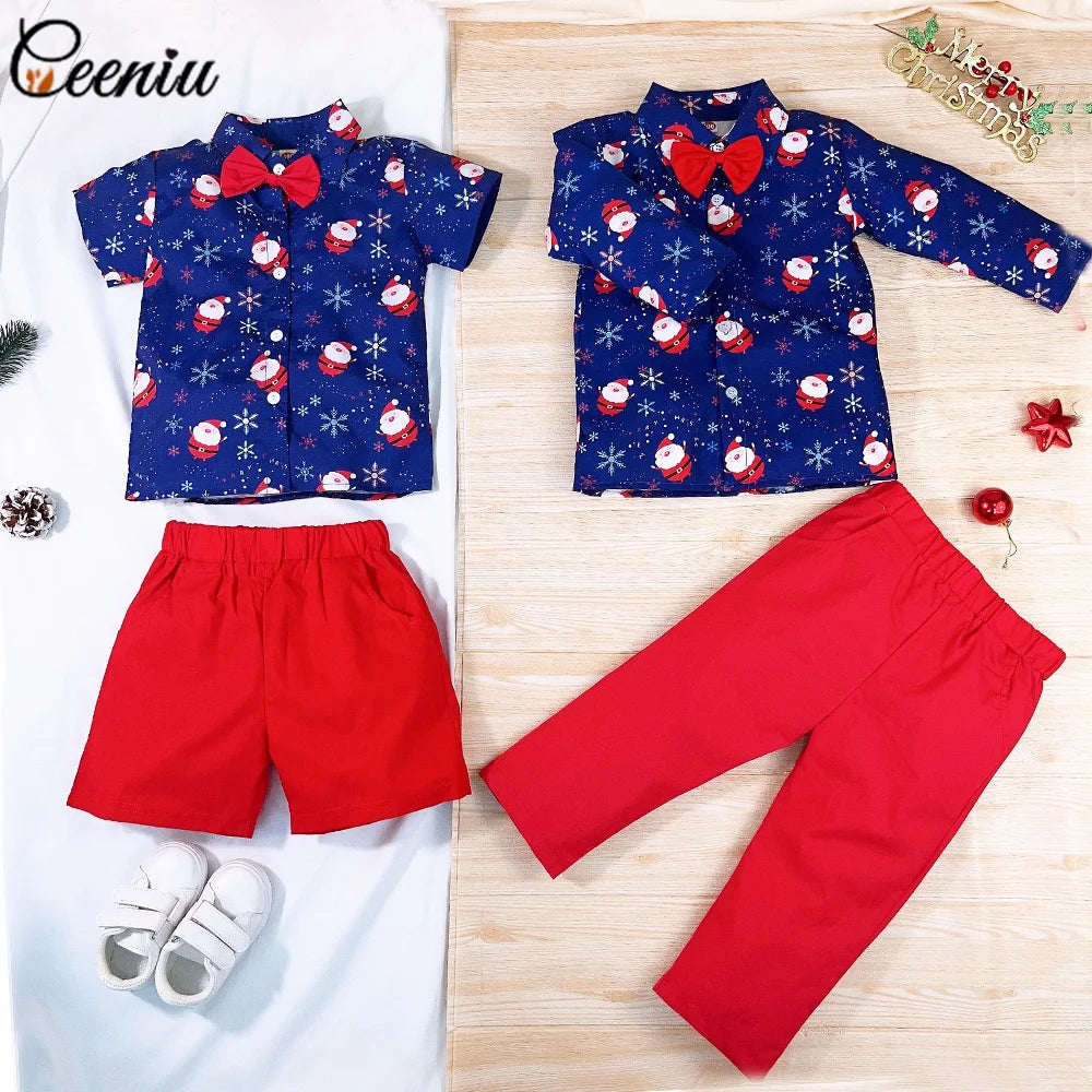 Ceeniu 1-5Y New Year Costume For Boy Christmas Outfit Santa Deer Printed Necktie Shirts and Red Pants Children Christmas Clothes