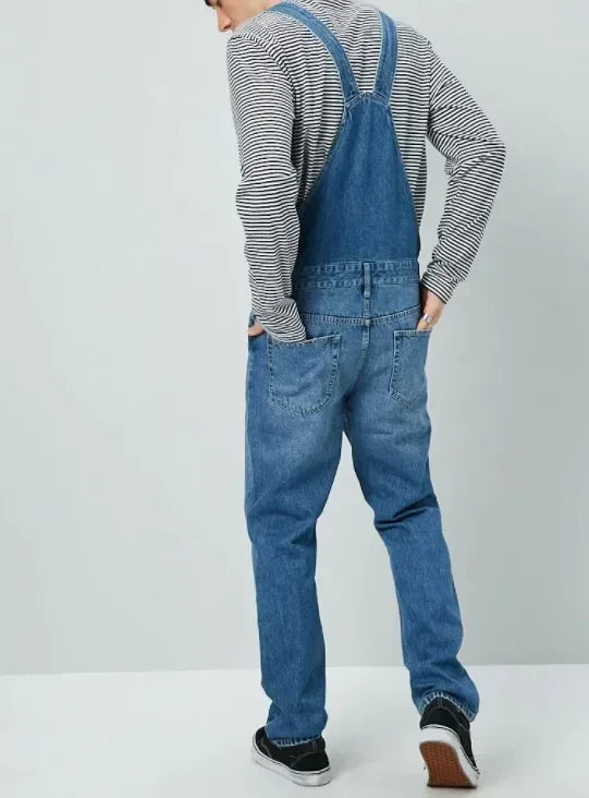 Men Street Denim Suspenders Pants 2025 Straight Long Jeans Male Splicing Pockets Denim Trousers Vintage Washed Overalls Jumpsuit