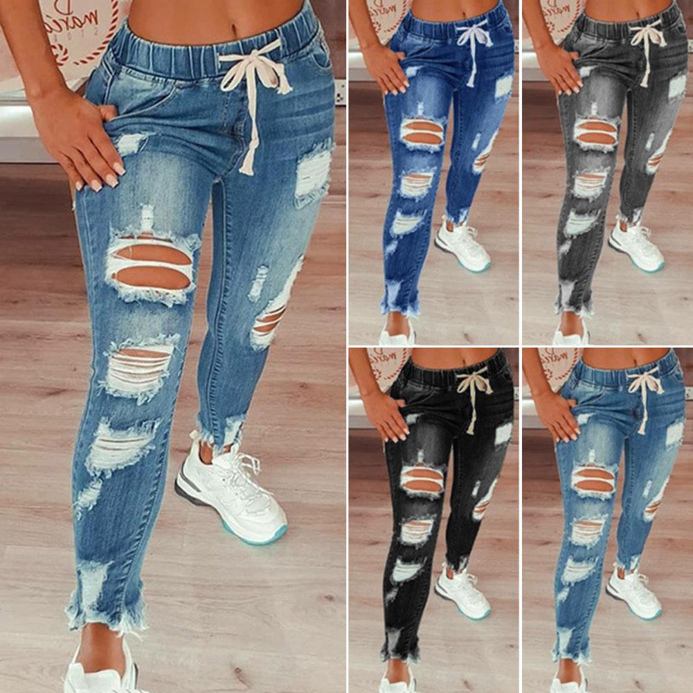 2022 Hot Sale Women Ripped Elastic Waist Jeans Fashion Slim High Stretch Denim Pencil Pants Large Size Trousers S-5XL Drop Ship