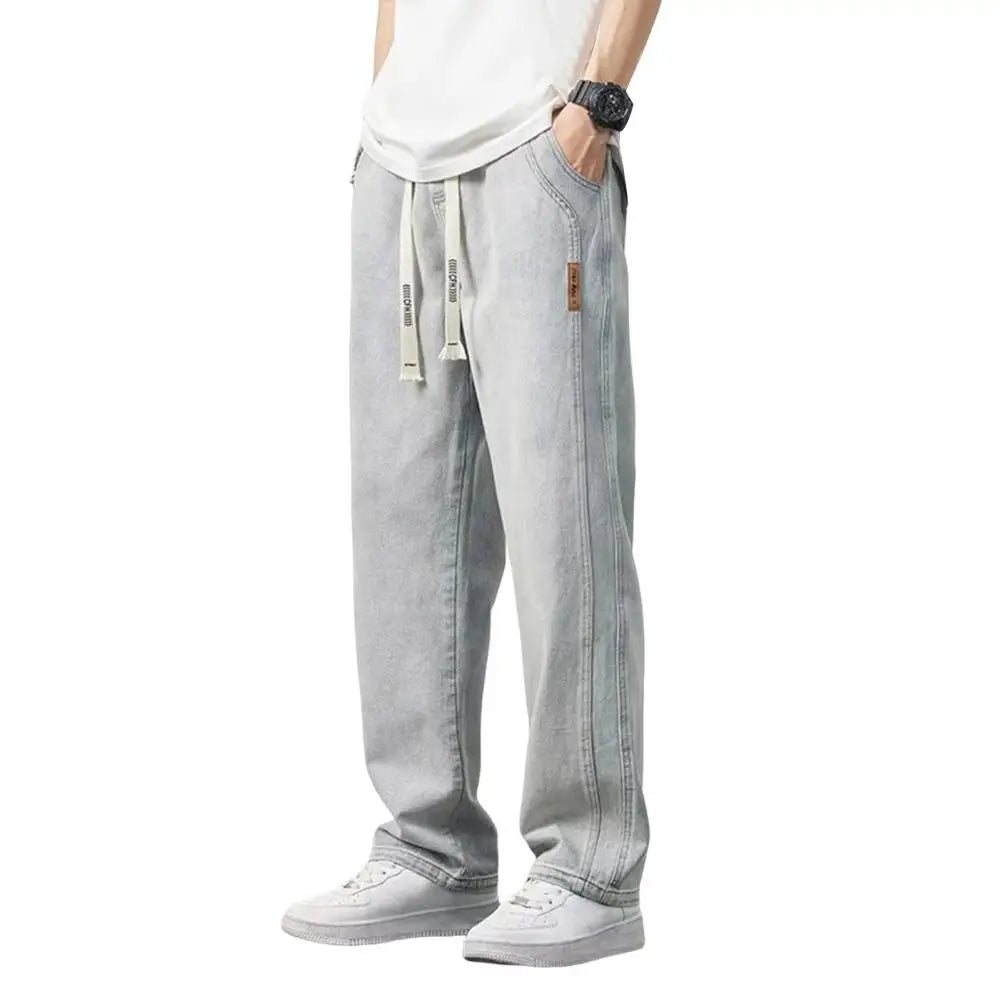 Men Elasticated Waist Jeans Men's Elastic Waist Drawstring Denim Pants Casual Straight Leg Jeans with for Summer for Comfort