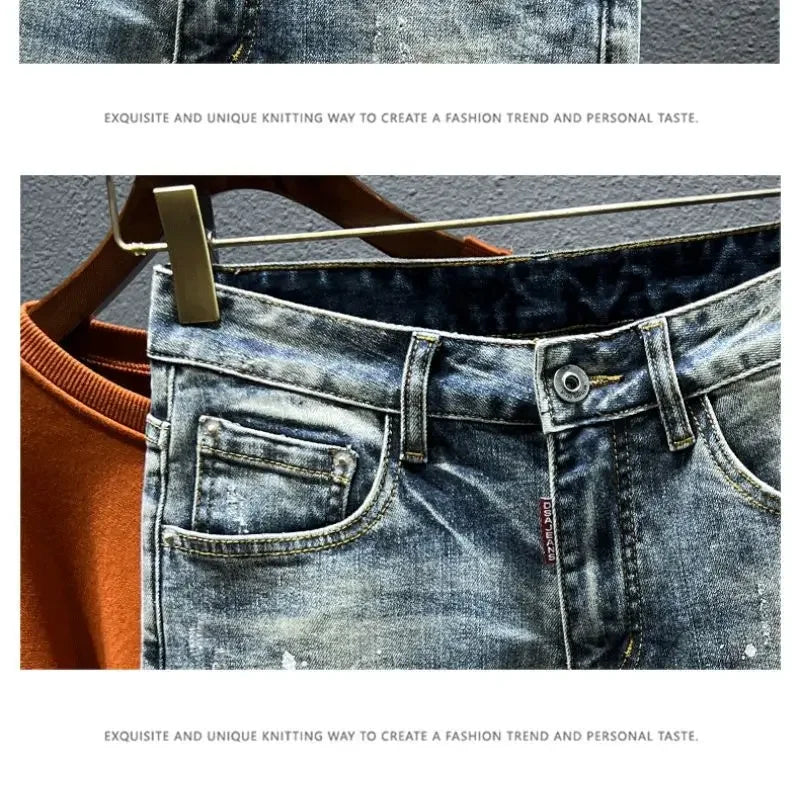 Trendy Jeans Men's Slim Fit Autumn 2024 New Style Ripped Punk Denim Pants Versatile Stretchy Little Shorts For Men