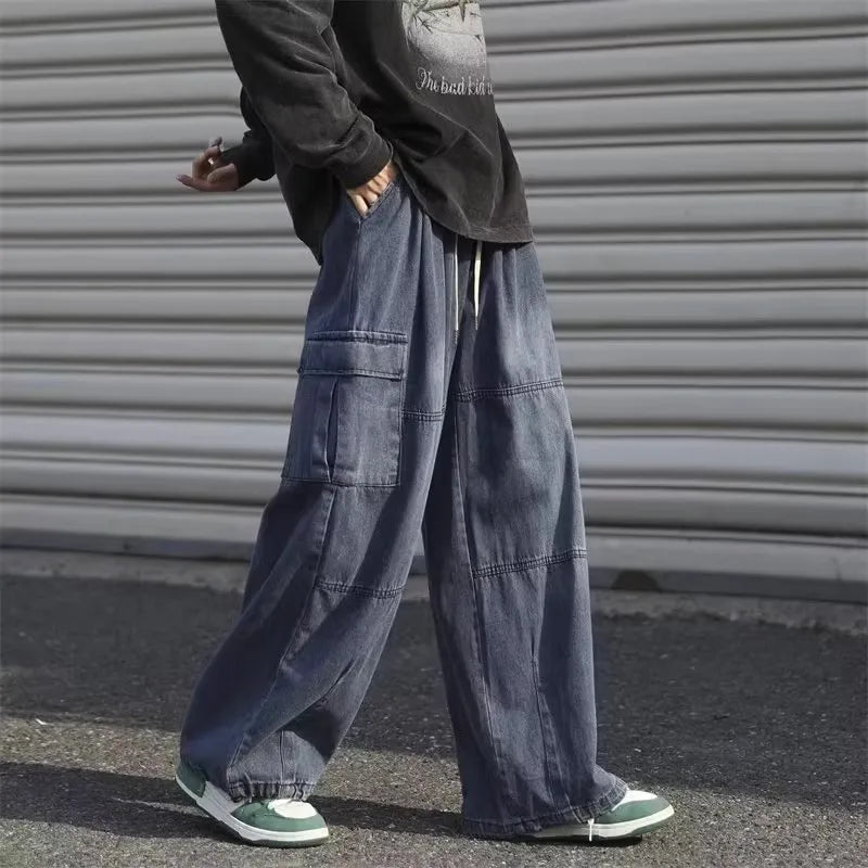 Men Denim Jeans Wide Leg Pants Cargo Long Pant Splice High Waist Loose Casual Button Pocket Straight Trousers Autumn Winter