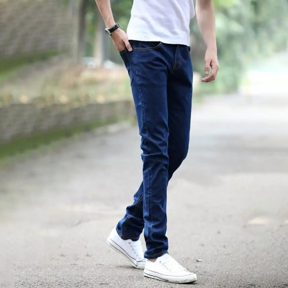 Men Jeans Stretch Skinny Denim Pants Solid Color Black Blue Autumn Summer Luxury Street Harajuku Hip-Hop Style Slim Fit Trousers