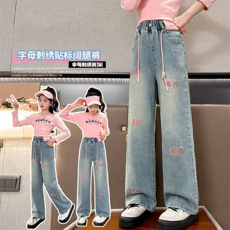 Pantalones vaqueros con letras para niñas, pantalón holgado e informal, elástico, recto, para primavera y otoño, de 2 a 12 años