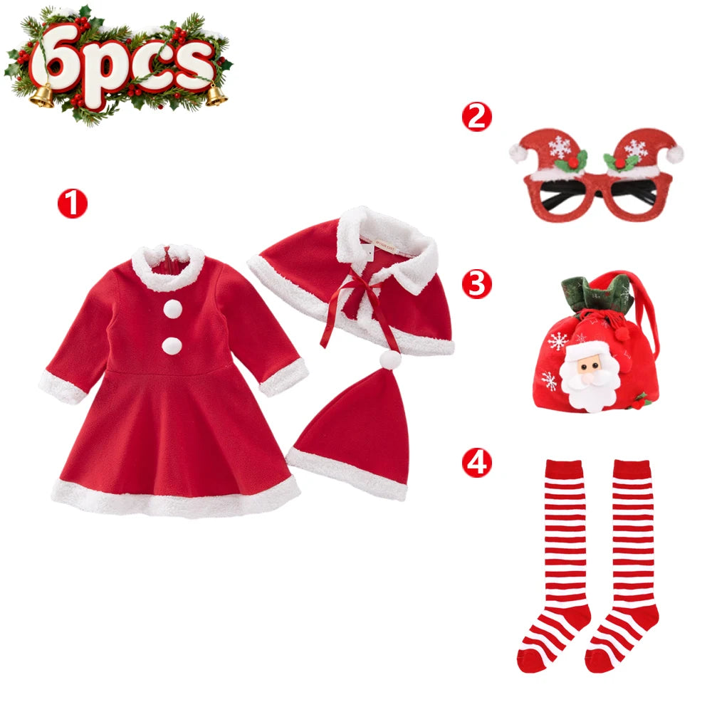 Ensemble robe à manches longues, châle et bonnet de Père Noël pour fille, idéal pour le Nouvel An et les fêtes de Noël. Vêtements rouges pour le carnaval et le carnaval.