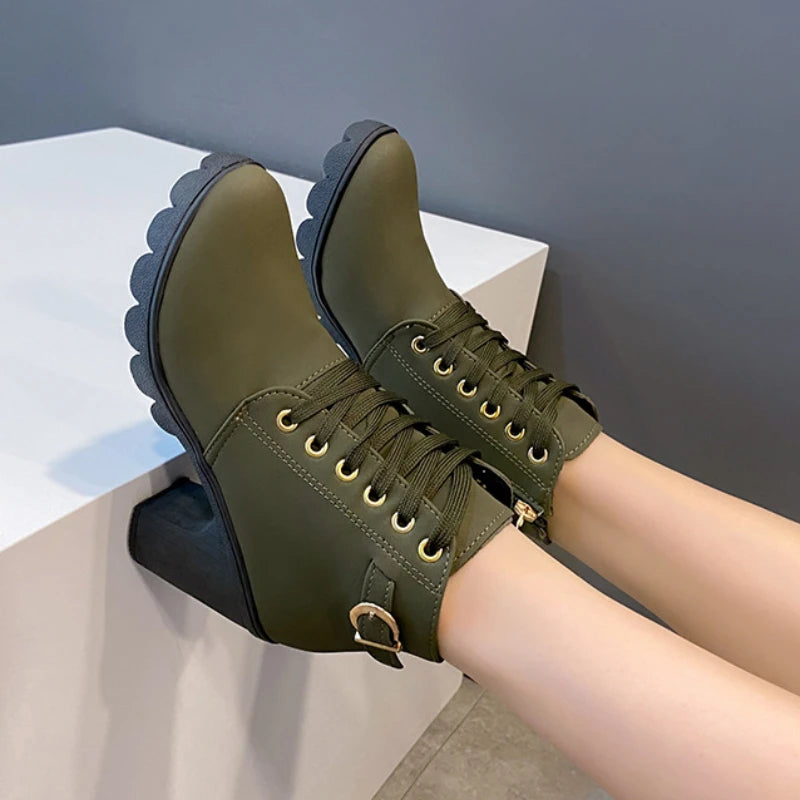 Women Boots Lace Up Ankle Boots Spring Fashion Outdoor Pumps Boots Black Buckle High Heel Boot Plus Size Platform Women Shoes