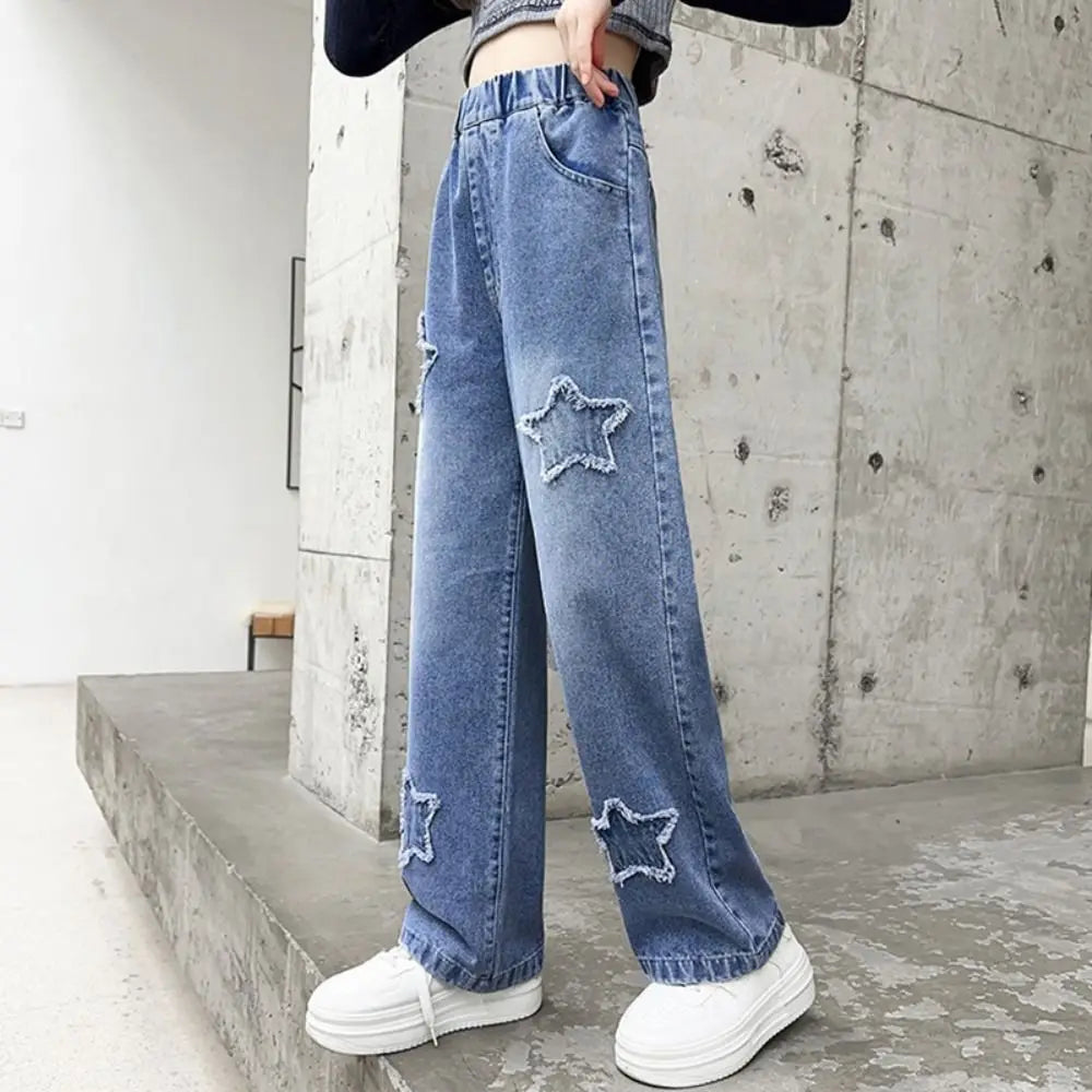 Embroidered Stars Teens Girl Jeans Loose High Waist Children Y2K Jeans Wide Leg Cowboy Pants Girls Denim Trousers Streetwear