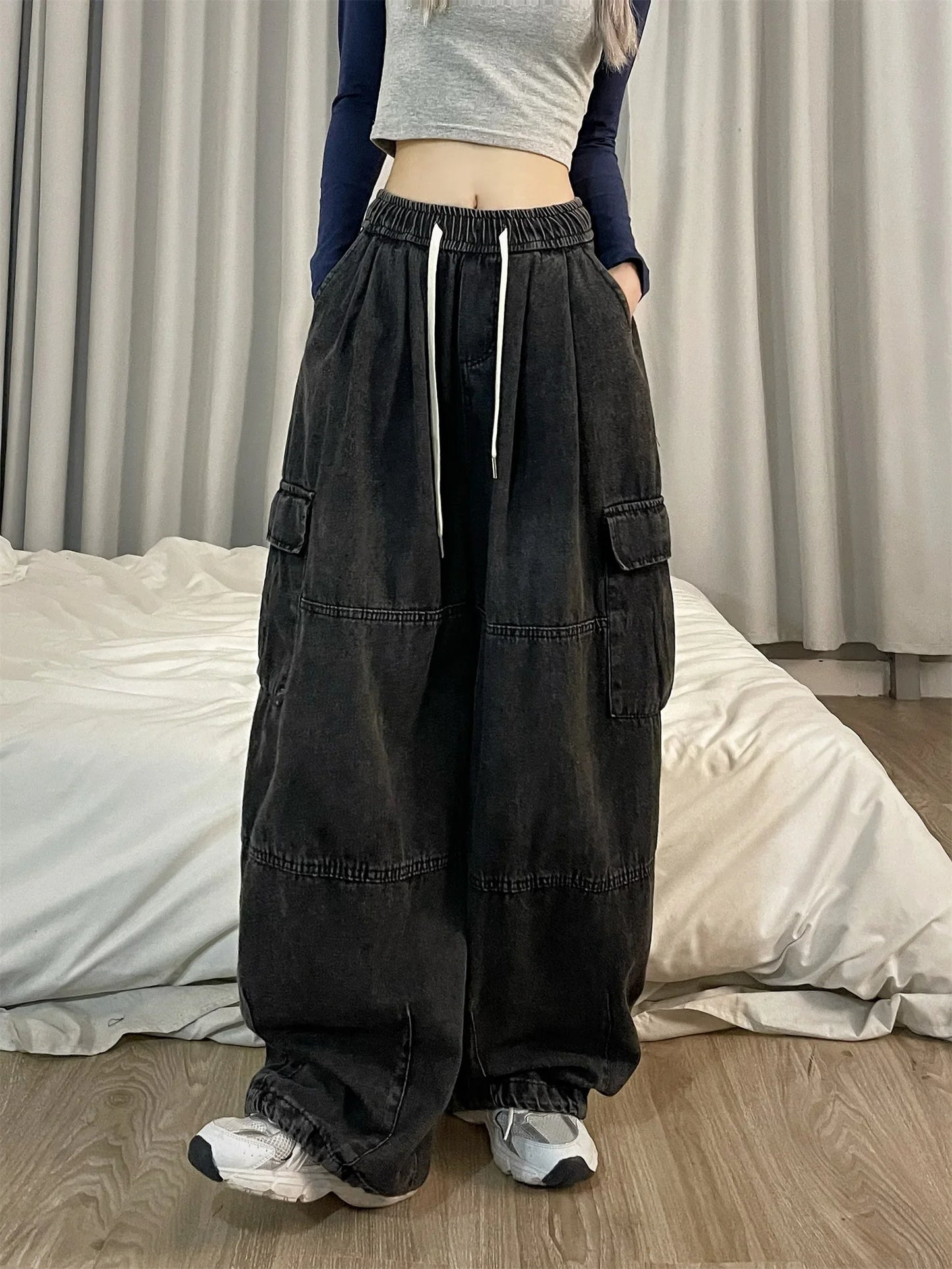 Vintage Blue Cargo Jeans Women Baggy Denim Pants Oversized Y2K Grunge Hip Hop Streetwear Harajuku Casual Wide Leg Trousers