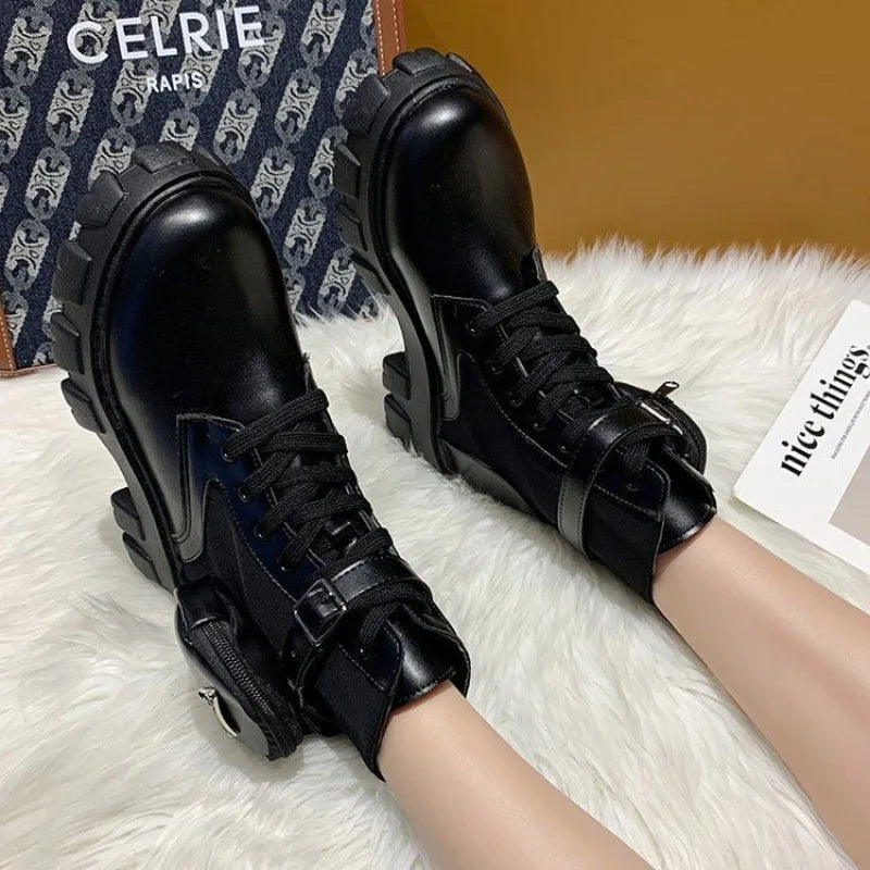 Women's Boots Fashion Ankle Boots Thick Bottom Round Head Buckle Small Leather Bag Short Boot Comfort Women Boots Zapatos Mujer
