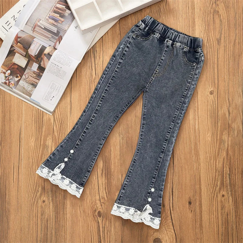 2-12 Year Old Girls Jeans Fashion Lace Elastic Denim Flared Pants Spring Autumn Solid Color Trousers Teenager Kids Girl Clothing