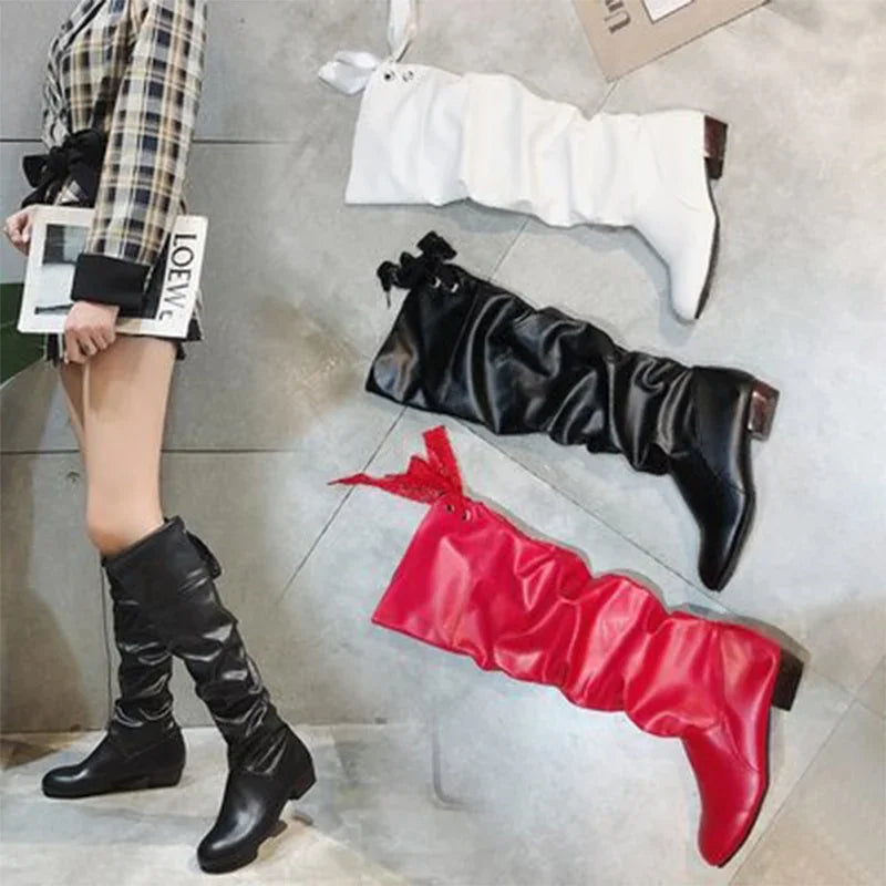 Shoes For Women Spring Knee High Boots Red Black White Tall Boots Woman Pleated Low Heel Casual Leather Female Long Shoes