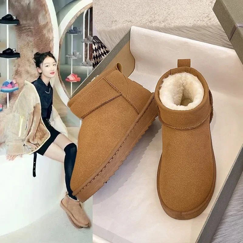 Nuevas botas de nieve estilo mini botas de invierno de piel de oveja para mujer, botines impermeables de lana natural con forro de piel, zapatos planos cálidos hasta el tobillo