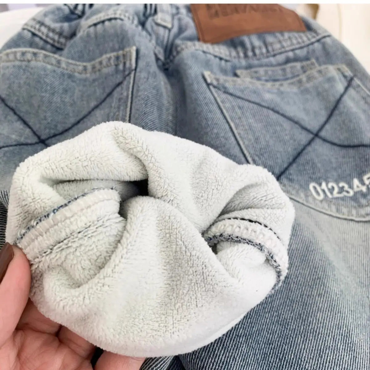 New Boys' All in One Fleece Jeans Autumn and Winter Children's Stylish Warm Pants Kids Handsome Elastic Trousers