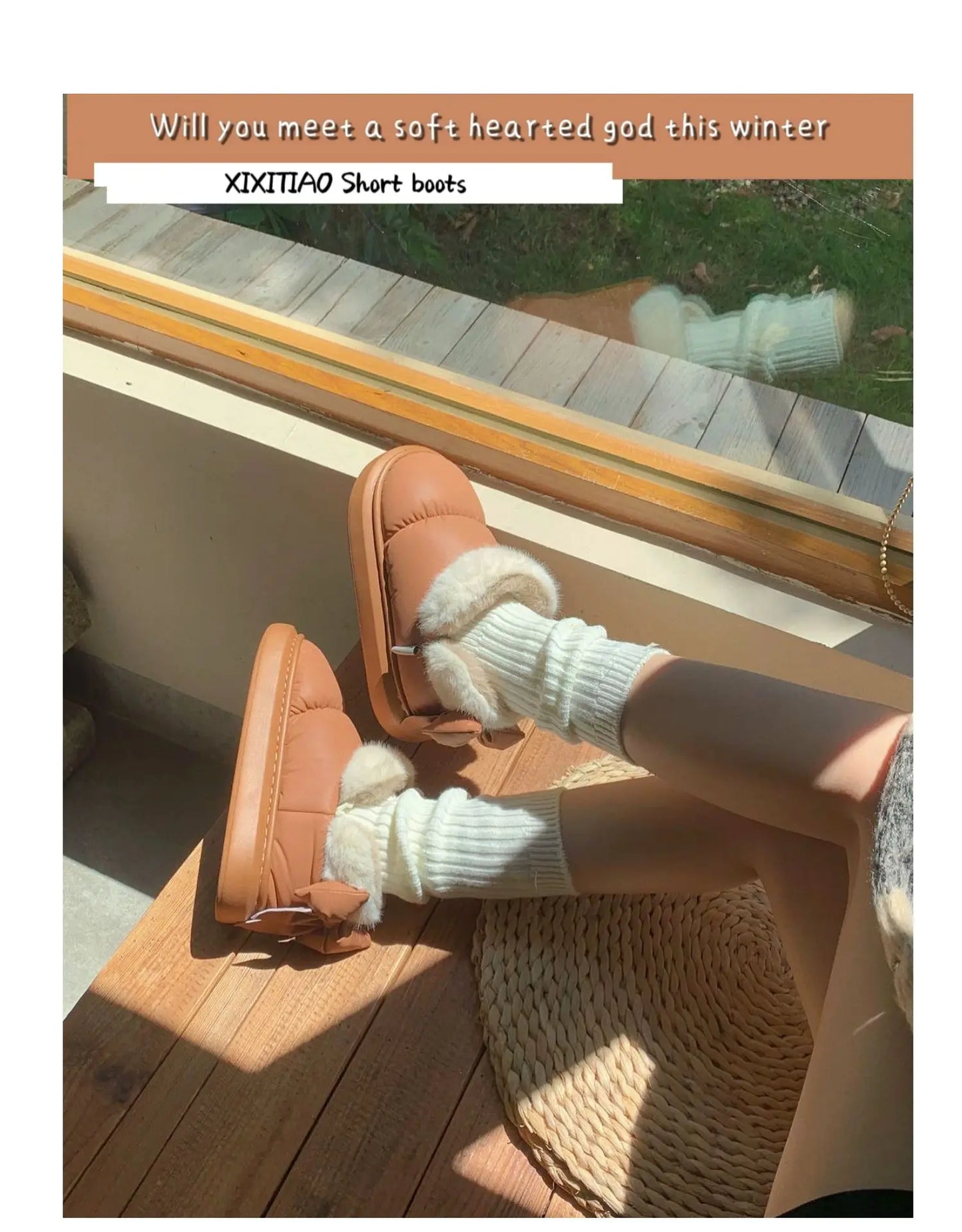 Bow Knot Short Ankle Snow Boots Women Winter Plush And Thick Insulation Waterproof PU Cotton Household Shoes Home Slipper Women