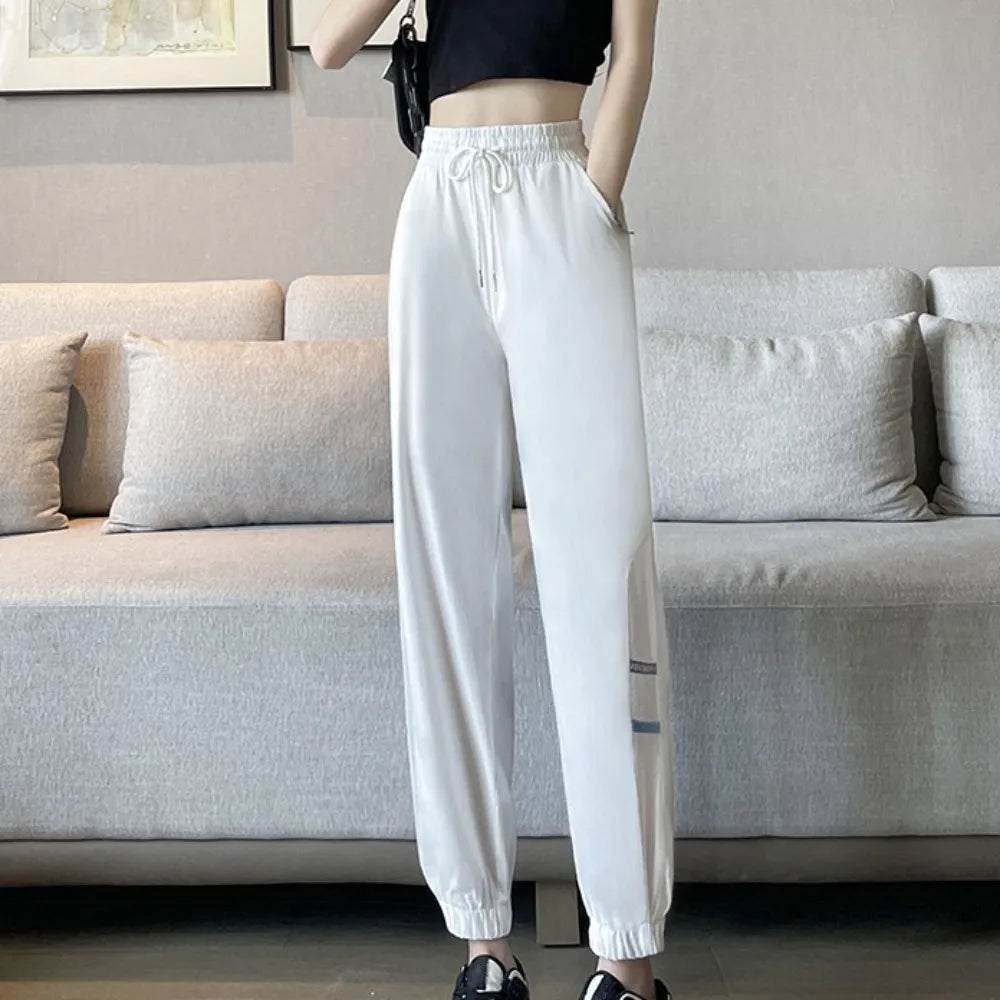 Fashion Straight Casual Drawstring Pants Streetwear Quick Dry Wide Leg Loose Pants Mesh Hollow Mesh Sweat Pants Women Sports