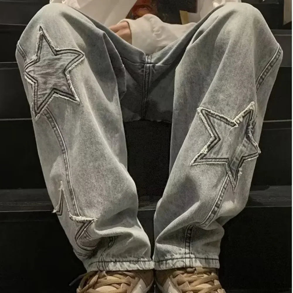 Pantalones vaqueros rectos informales con bordado de estrellas para hombre, estilo gótico, neutros, nuevos, holgados, de pierna ancha, estilo hip-hop, estilo urbano, pantalones vaqueros Y2K para hombre