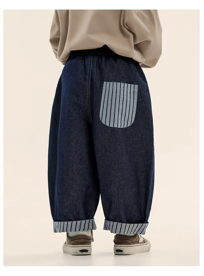 Ropa de diario de primavera para niños de 2 a 7 años, pantalones vaqueros a rayas con bolsillos y retazos, estilo coreano, con reborde, a la moda.