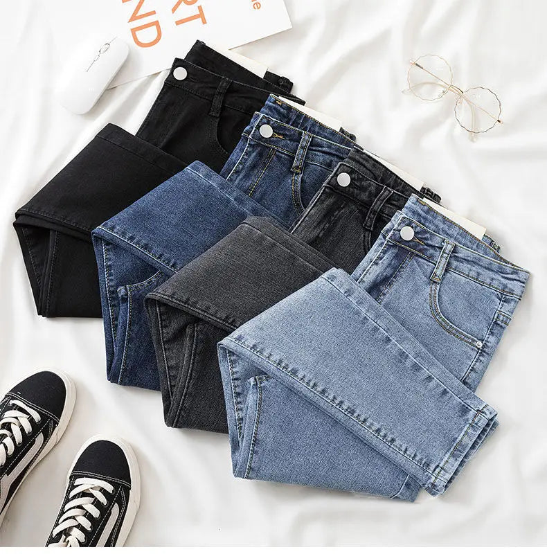 Pantalones vaqueros negros y grises para mujer, pantalones cortos adelgazantes, elegantes y versátiles, pantalones cortos para estudiantes, pantalones largos, corte entallado, silueta suavizante