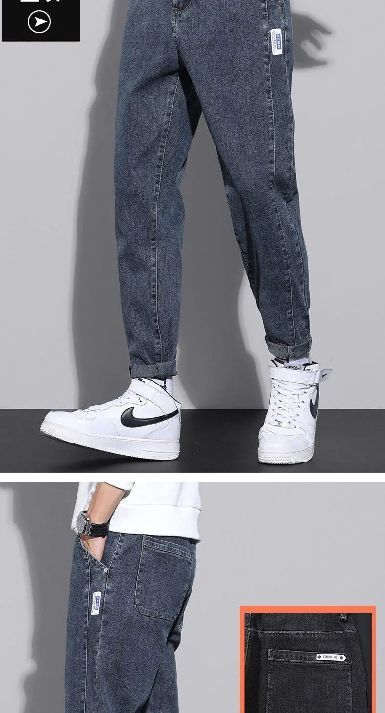 2024 New Arrival Drawstring Gym Clothing Men's Loose Cowboy Leg Jeans Spring Autumn Denim Casual Harem Pants Youth Trendy Jeans