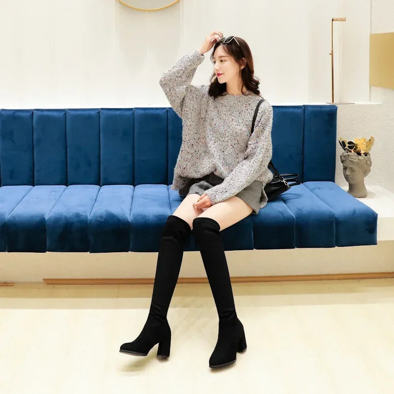 Botas largas elásticas de ante sintético para mujer, botas por encima de la rodilla, zapatos casuales negros sexis con plataforma para discoteca, botas de otoño para mujer