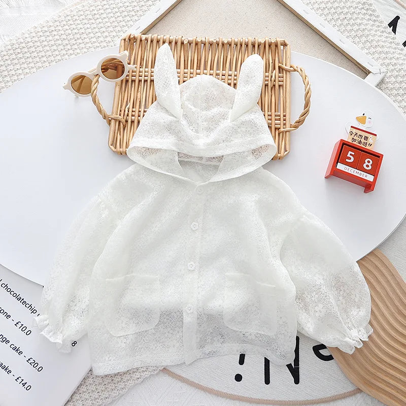 Baby Girls Sun Protection Jackets Summer Long Sleeve Rabbit Ear Hooded Lace Sunscreen Jacket Girs Lightweight Thin Outerwear