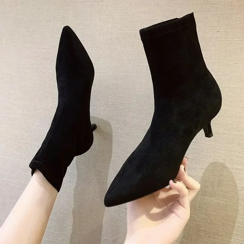 5/7/9CM Luxury Women Black Flock Sock Boots Stiletto Thin High Heels Elastic Knitting Boots Winter Stretch Fabric Ankle Boots