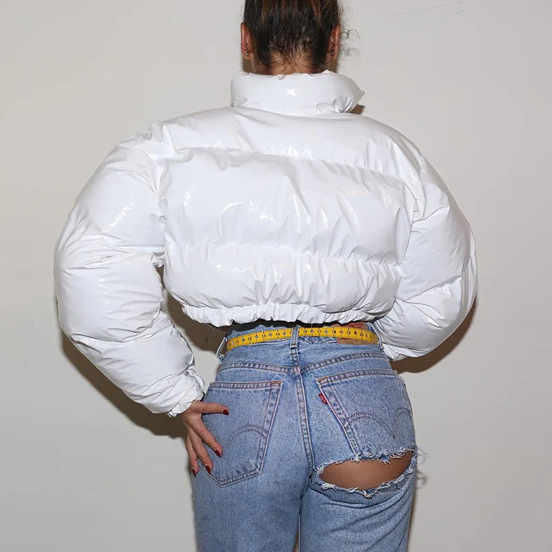 European and American Solid Color Mirror Pu Leather Down Jacket, Womens' Winter New Short Zippered Stand-up Collar Padded Jacket