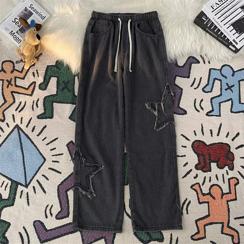 American Retro Star Embroidery Jeans Men's Baggy Hip Hop Fashion Denim Pants 2025 New Casual Y2K Streetwear Straight Trouser
