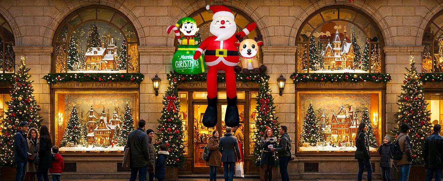 Decoraciones navideñas inflables para exteriores OurWarm de 2.4 metros (8 pies): Papá Noel sentado con elfos y renos, ideal para fiestas navideñas en el jardín o patio.