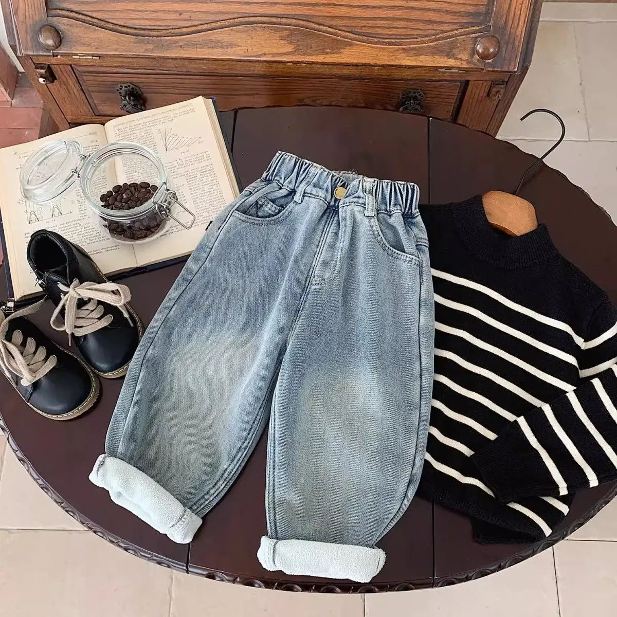 New Boys' All in One Fleece Jeans Autumn and Winter Children's Stylish Warm Pants Kids Handsome Elastic Trousers