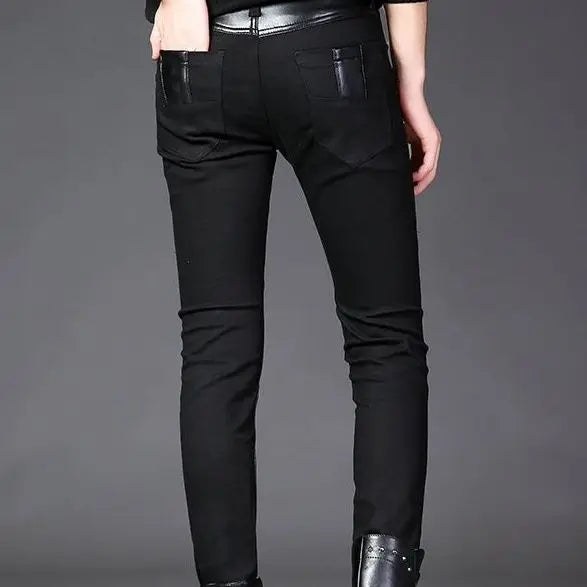 Luxury Men's Jeans Korean Style Slim Jeans for Men New Casual Black with PU Leather Splice and Zipper Desinger Nightclub Pants