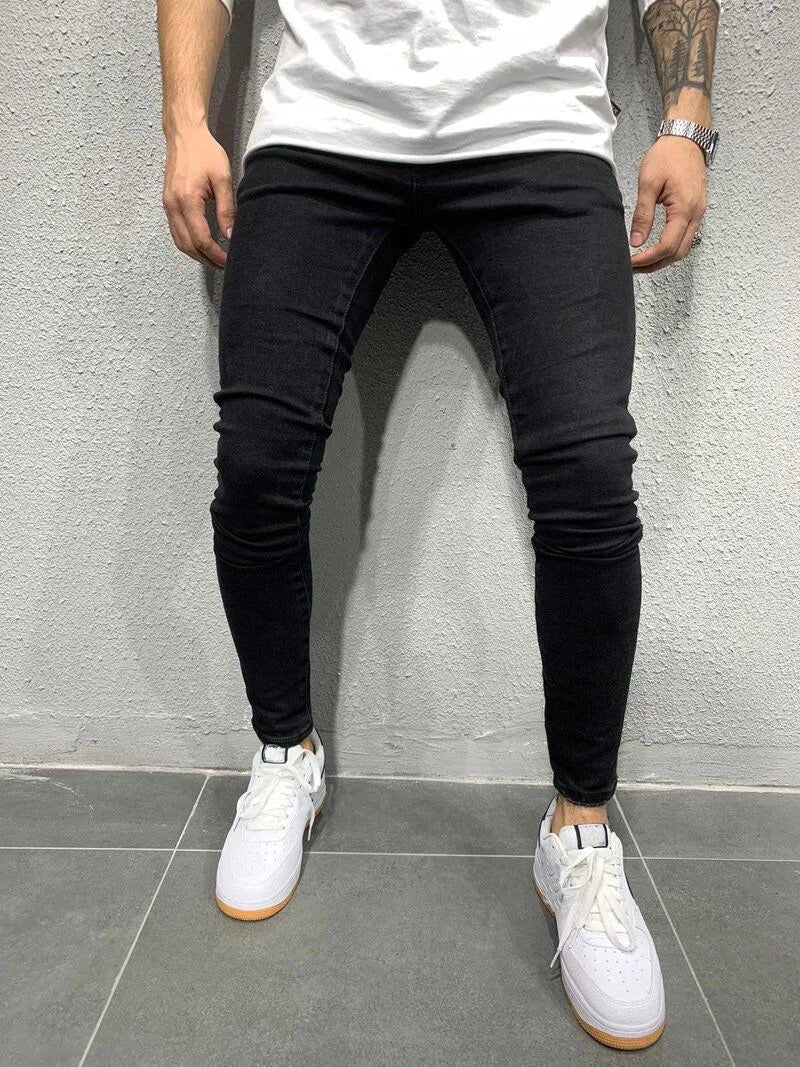 Men Jeans Denim Pencil Pants Sheath Ankle Length Washing Solid Slim Pockets Slight Strech Mid Waist High Street Y2k Streetwear