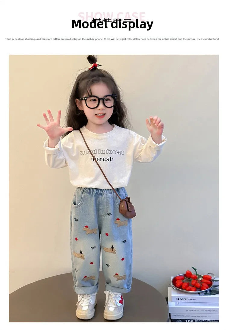 2025 New Girls Jeans Loose Straight Leg Pants for Toddler Baby Casual Wear Spring Autumn