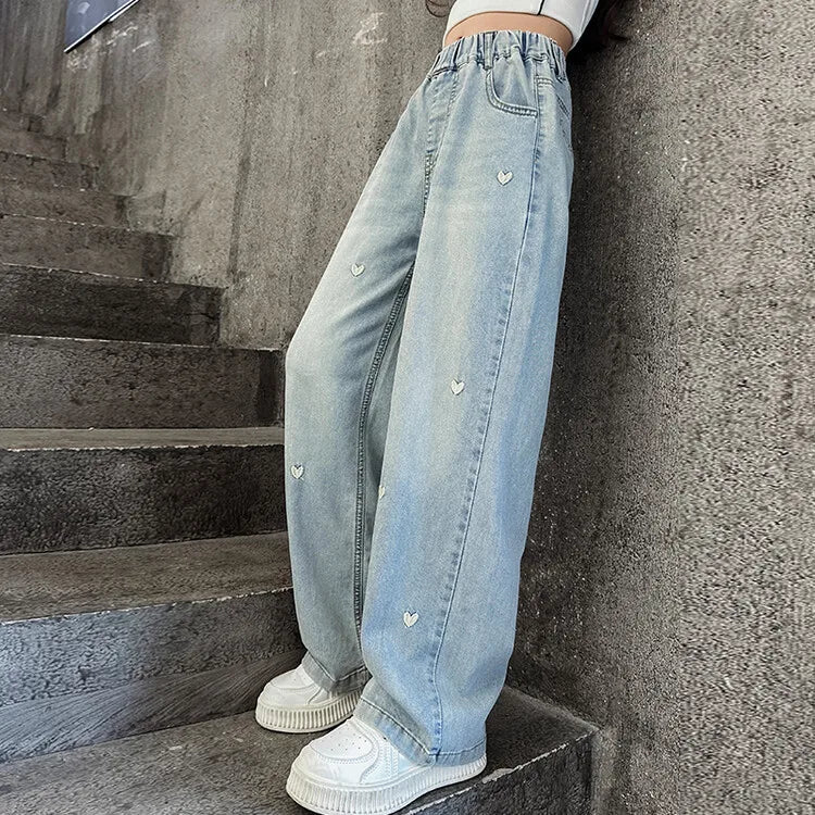 Ropa de verano para niñas, pantalones vaqueros con bandas elásticas y diseño de corazón para niñas, pantalones vaqueros Tencel finos y rectos con pierna ancha.