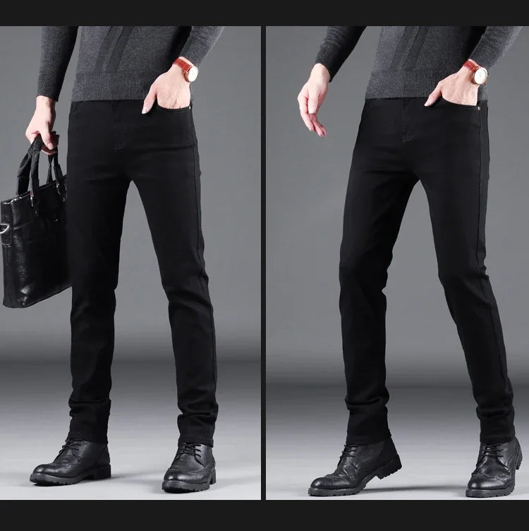 Pantalones vaqueros ajustados negros puros para hombre, pantalones rectos elásticos, moda de negocios, pantalones vaqueros vintage coreanos para hombre, primavera y otoño